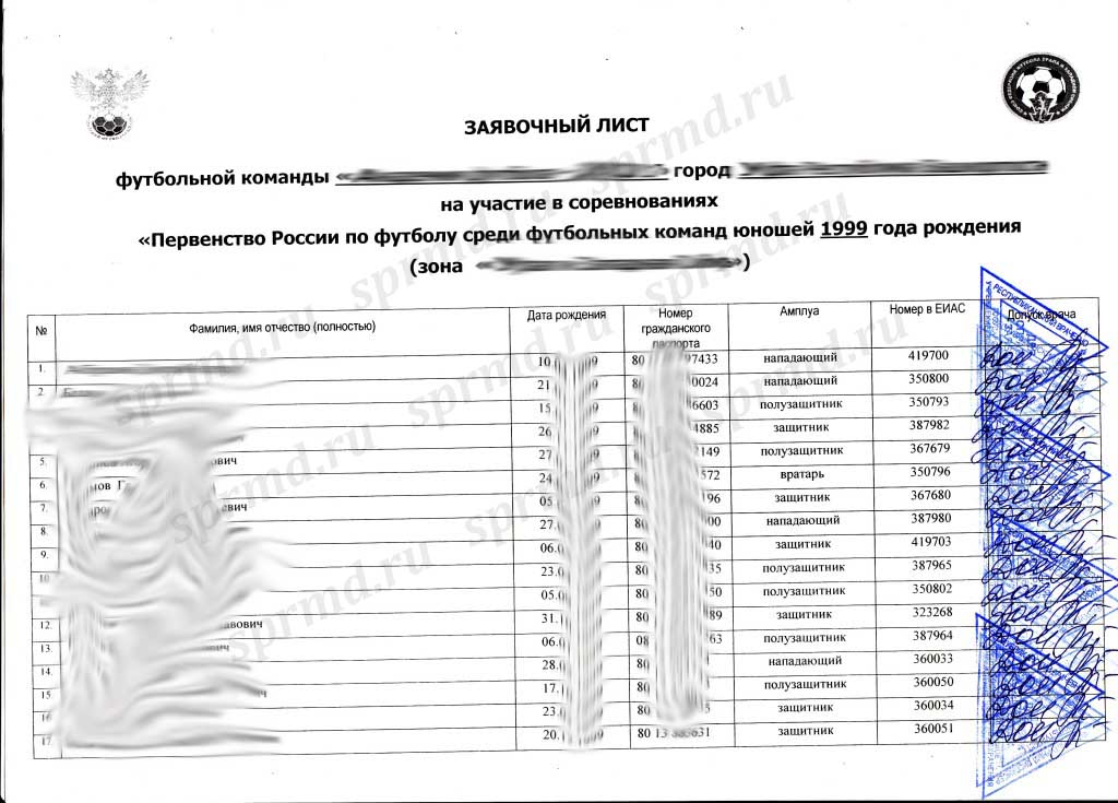 Официальный заявочный лист для соревнований